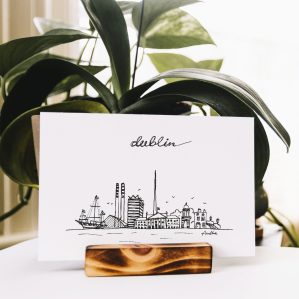 A printed card featuring Dublin skyline and its landmarks, designed by Karolina.